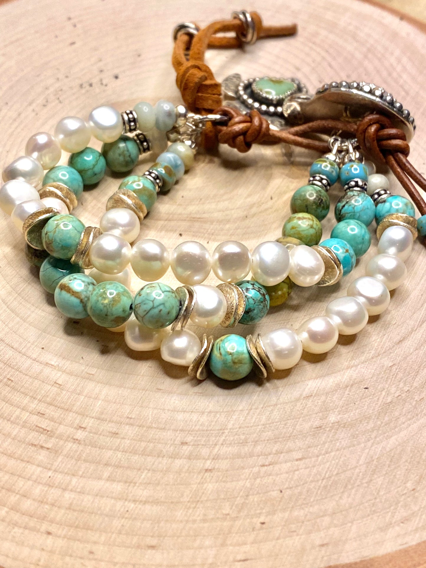 Triple Strand Shell and Turtle charm button bracelet