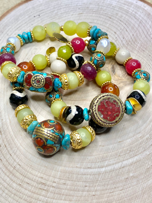 Turquoise, red coral tibet beads and gemstones bracelet stack
