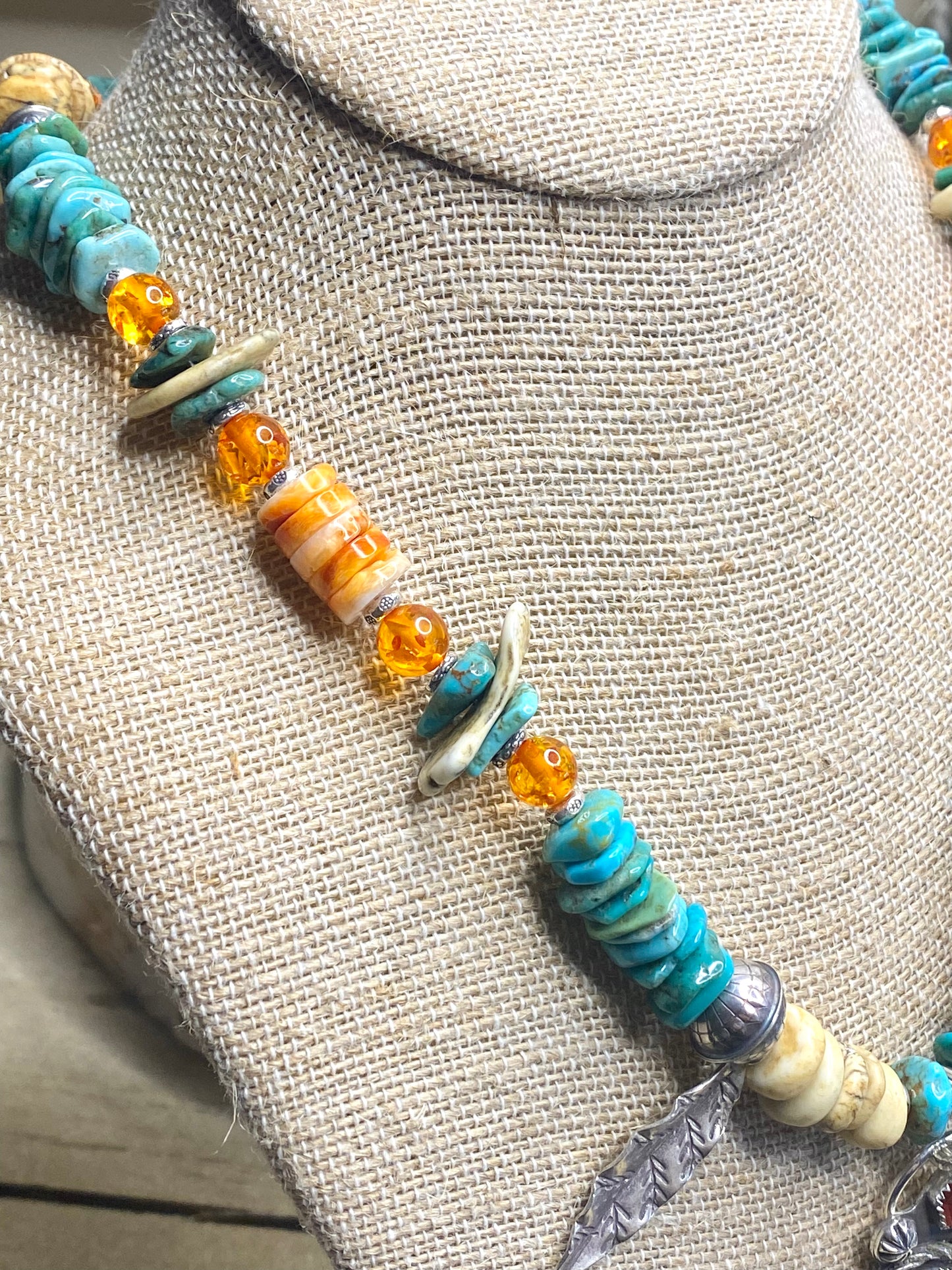 Hand carved owl necklace amber turquoise spiny oyster