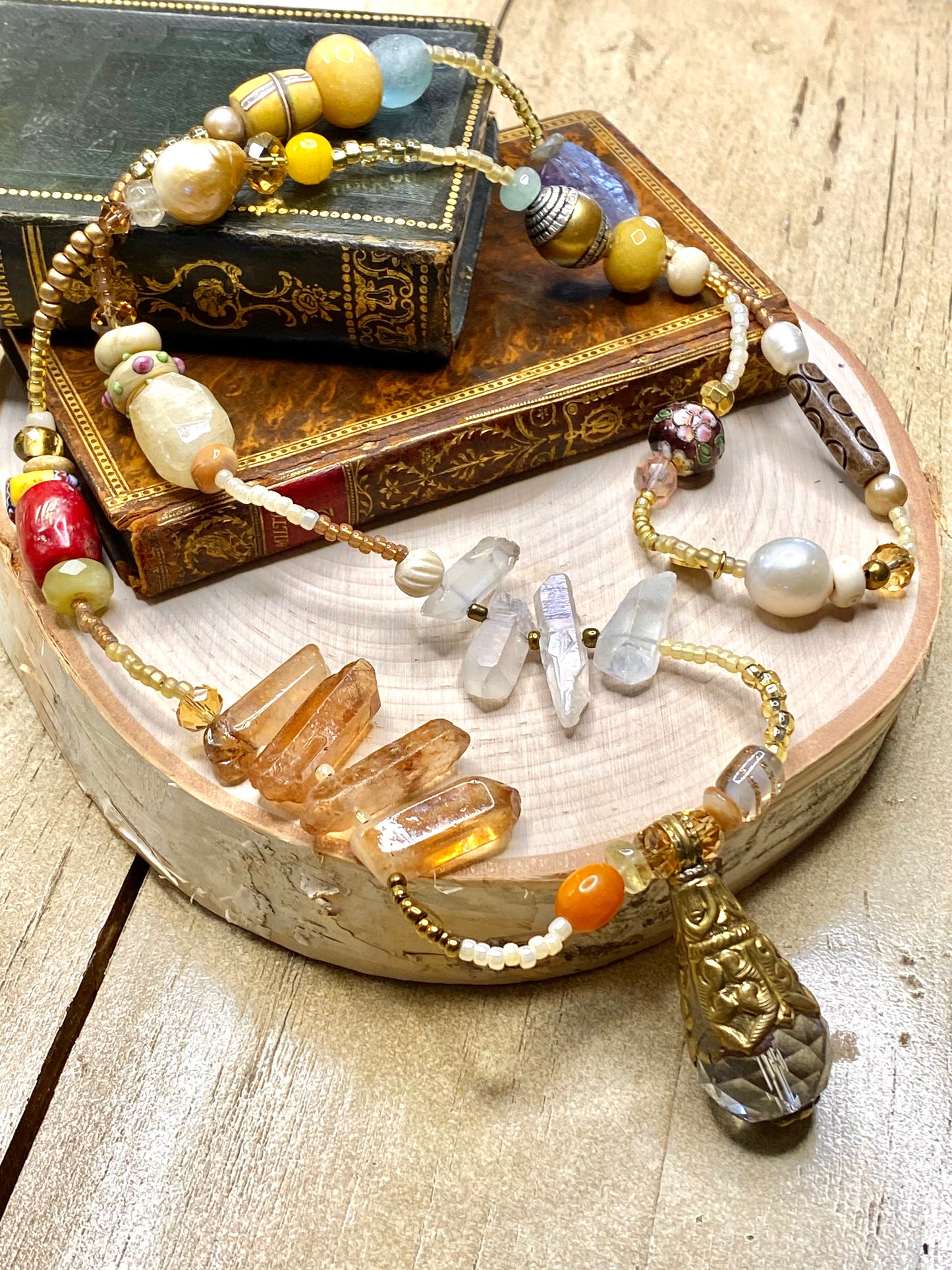 Tibet crystal quartz, seed beed, gems “Cara” necklace