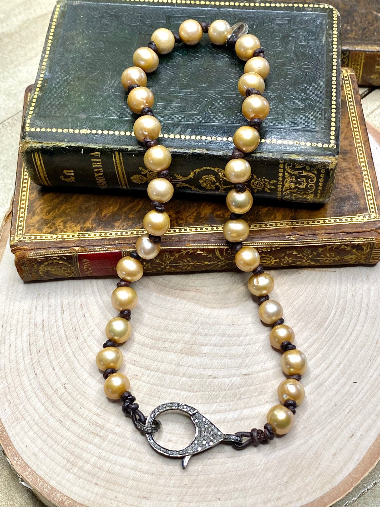 Champagne pearls with Pave diamond clasp necklace on leather