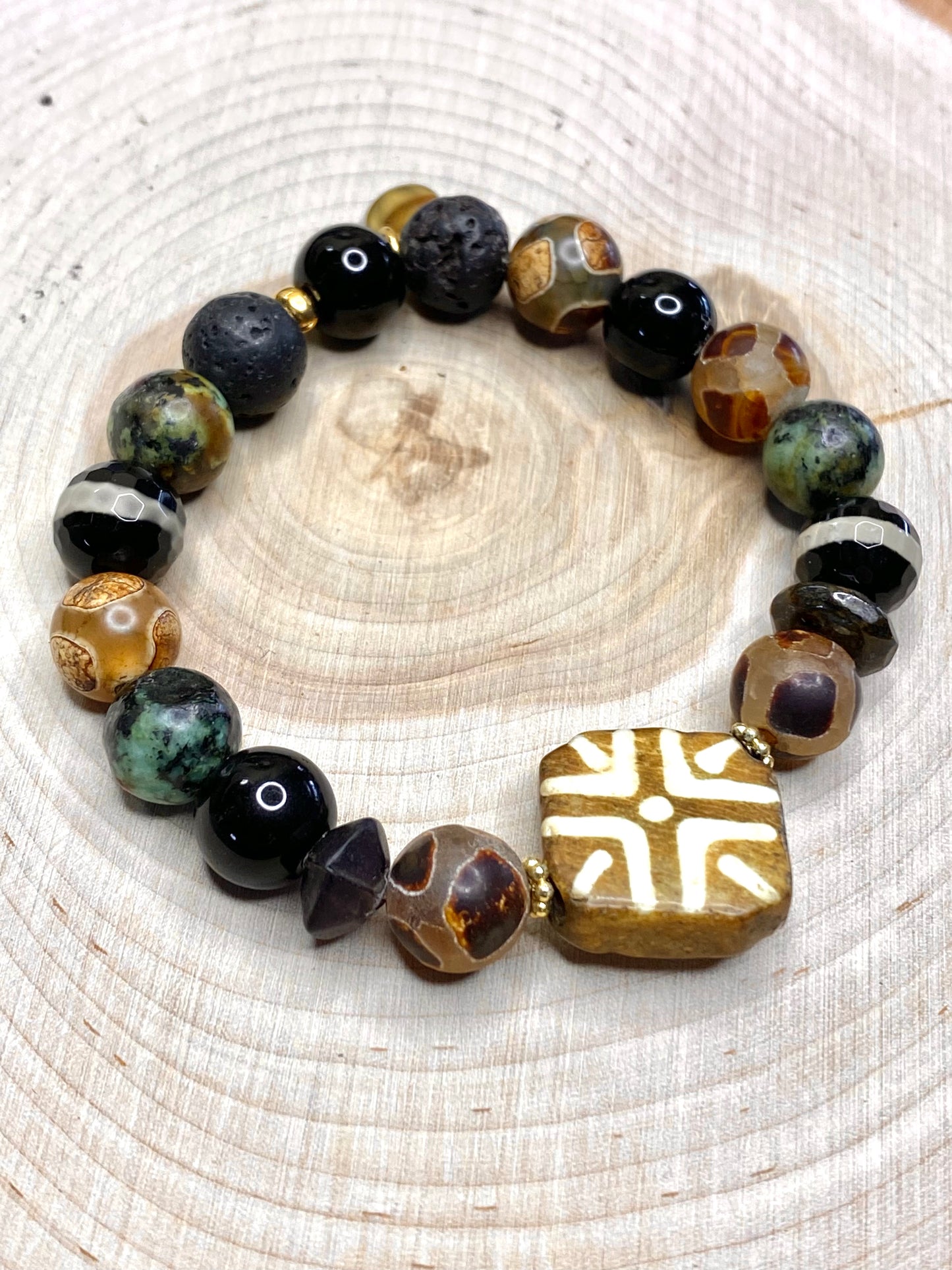 Earthy Tibet, African turquoise, black onyx bead bracelet stack