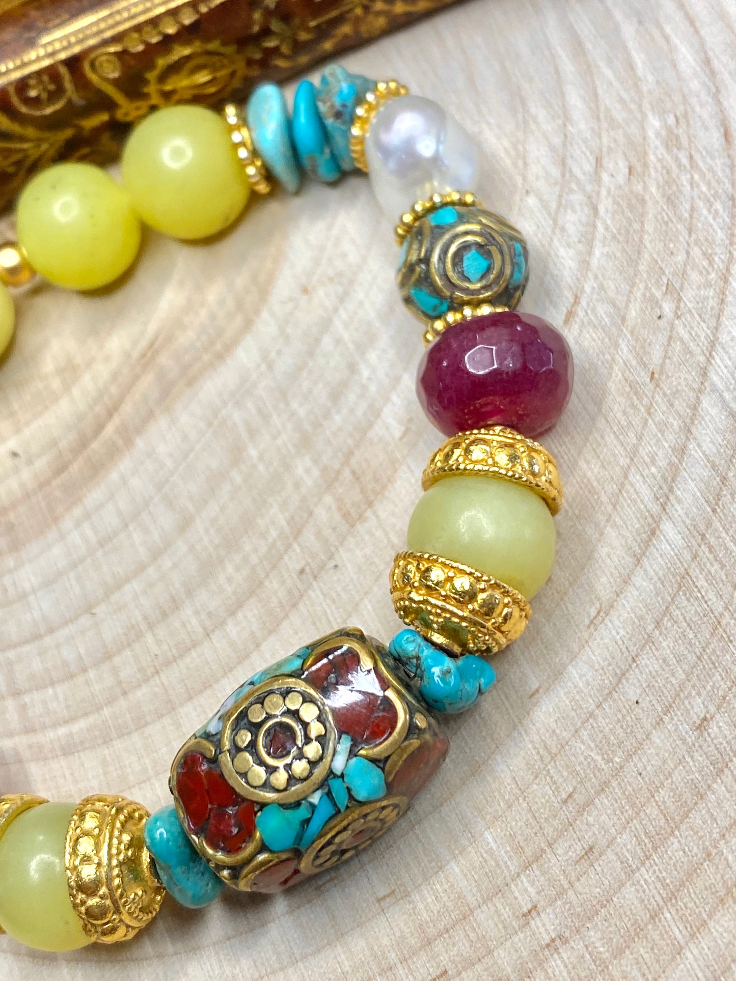 Turquoise, red coral tibet beads and gemstones bracelet stack