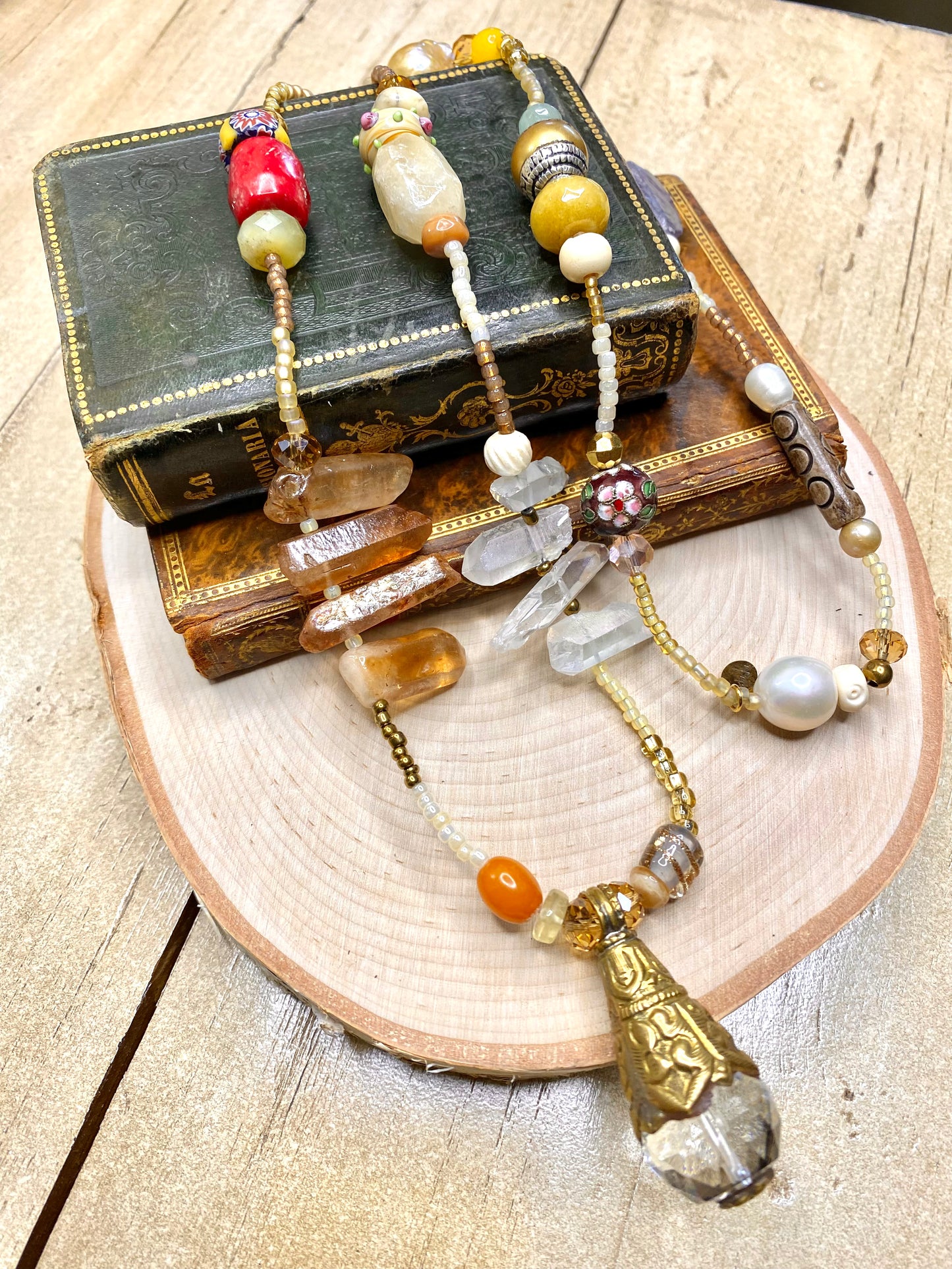 Tibet crystal quartz, seed beed, gems “Cara” necklace
