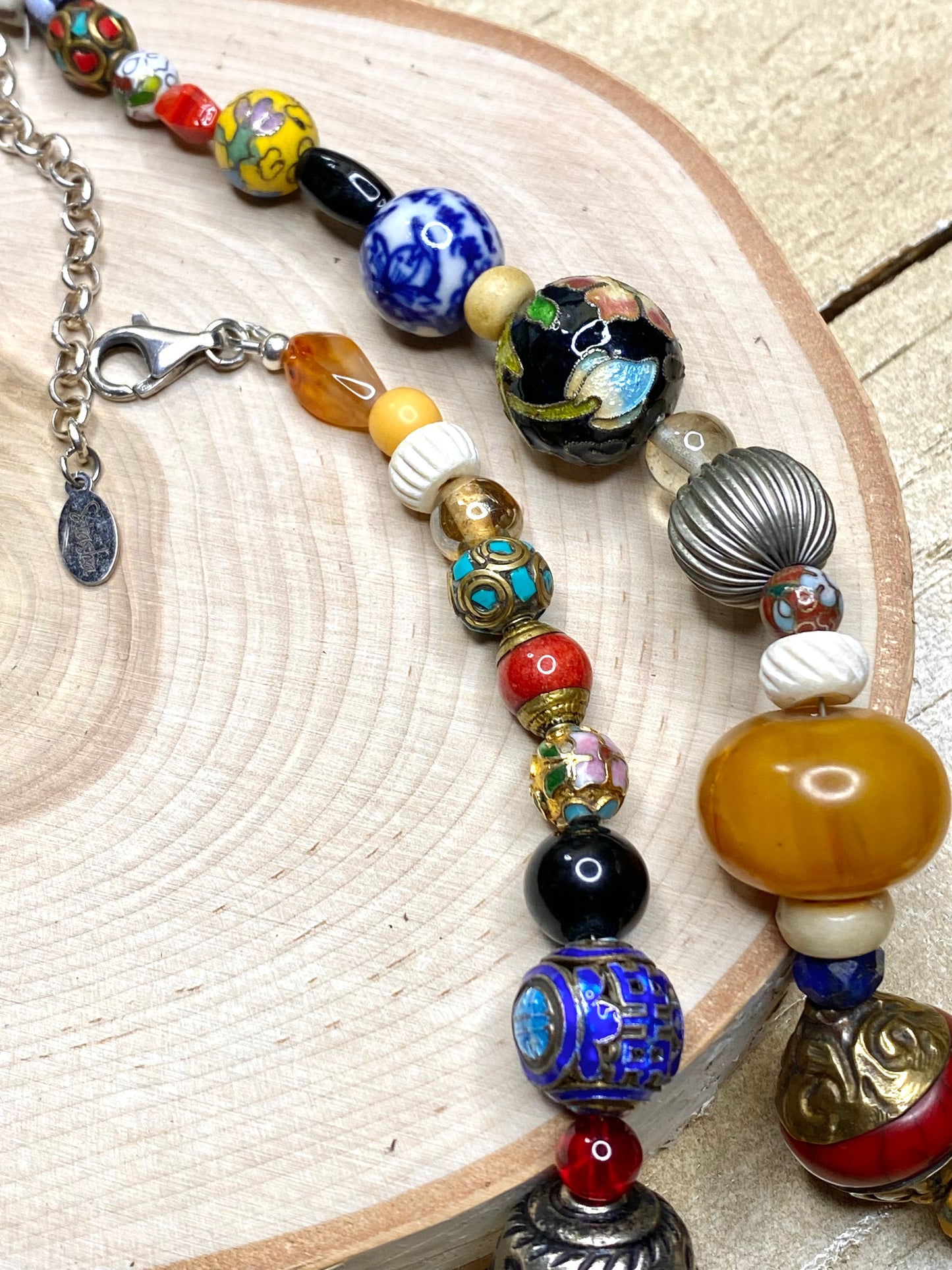 Mosaic bohemian Collage Necklace with Jade Pendant