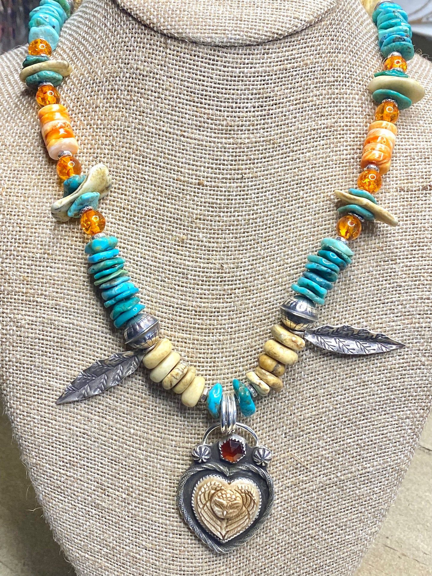 Hand carved owl necklace amber turquoise spiny oyster