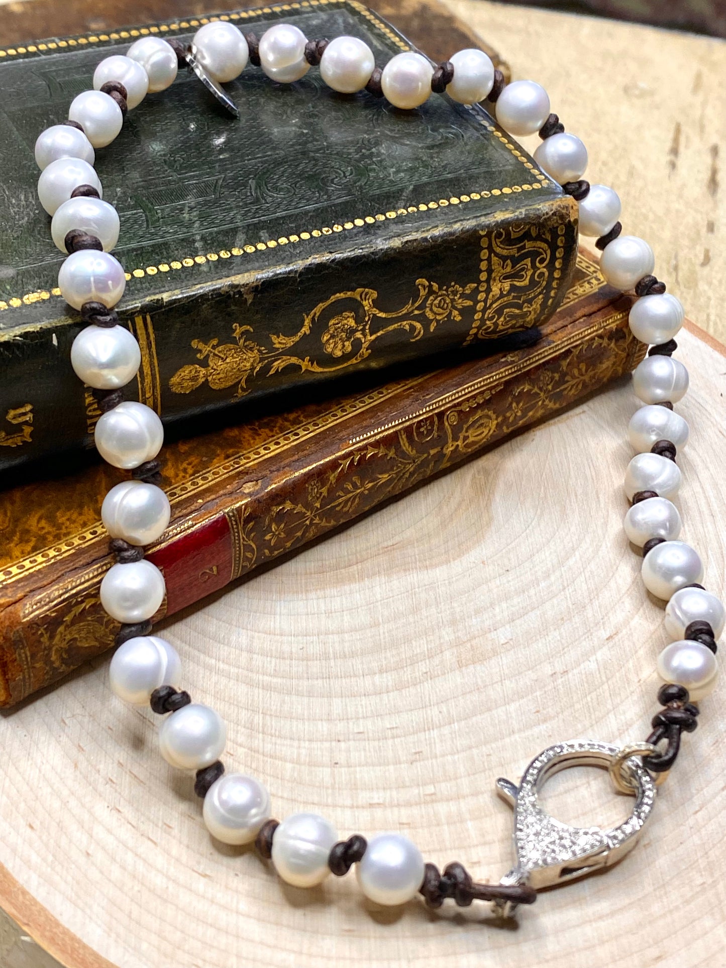 White pearls with Pave diamond clasp necklace on leather