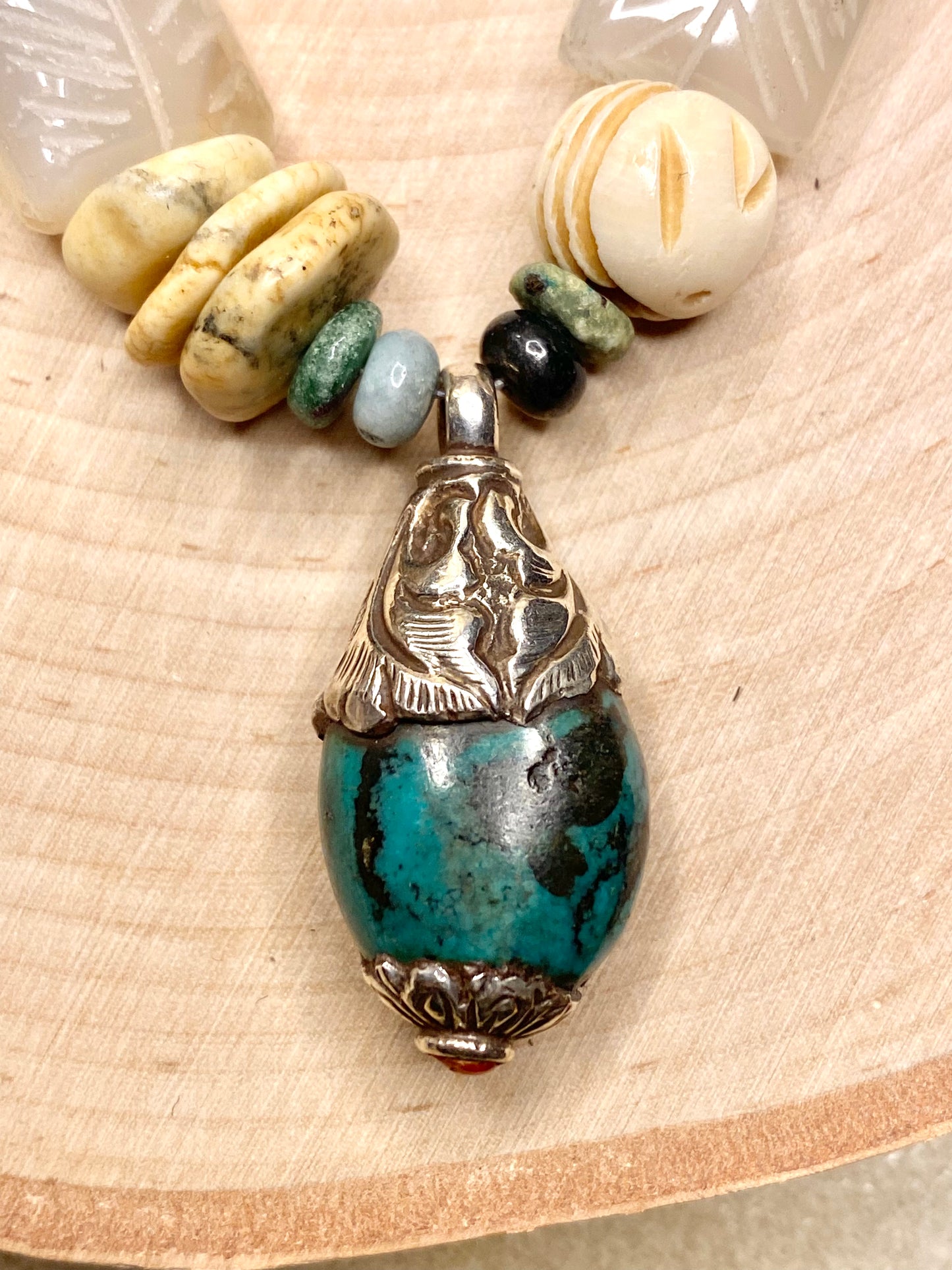 Turquoise and Edison pearl necklace with turquoise Tibet pendant