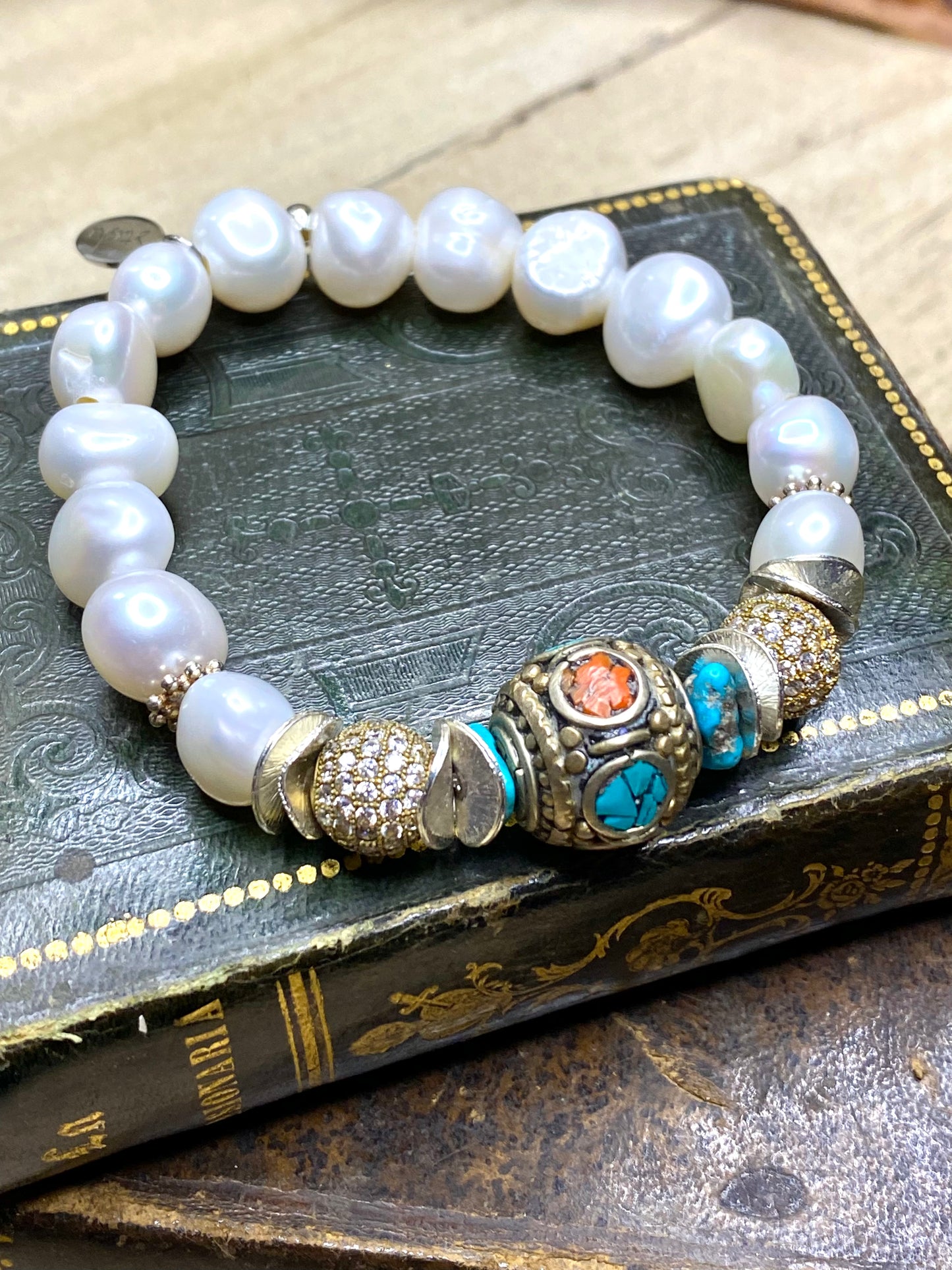 Tibet lapis and coral bead with white pearls bracelet