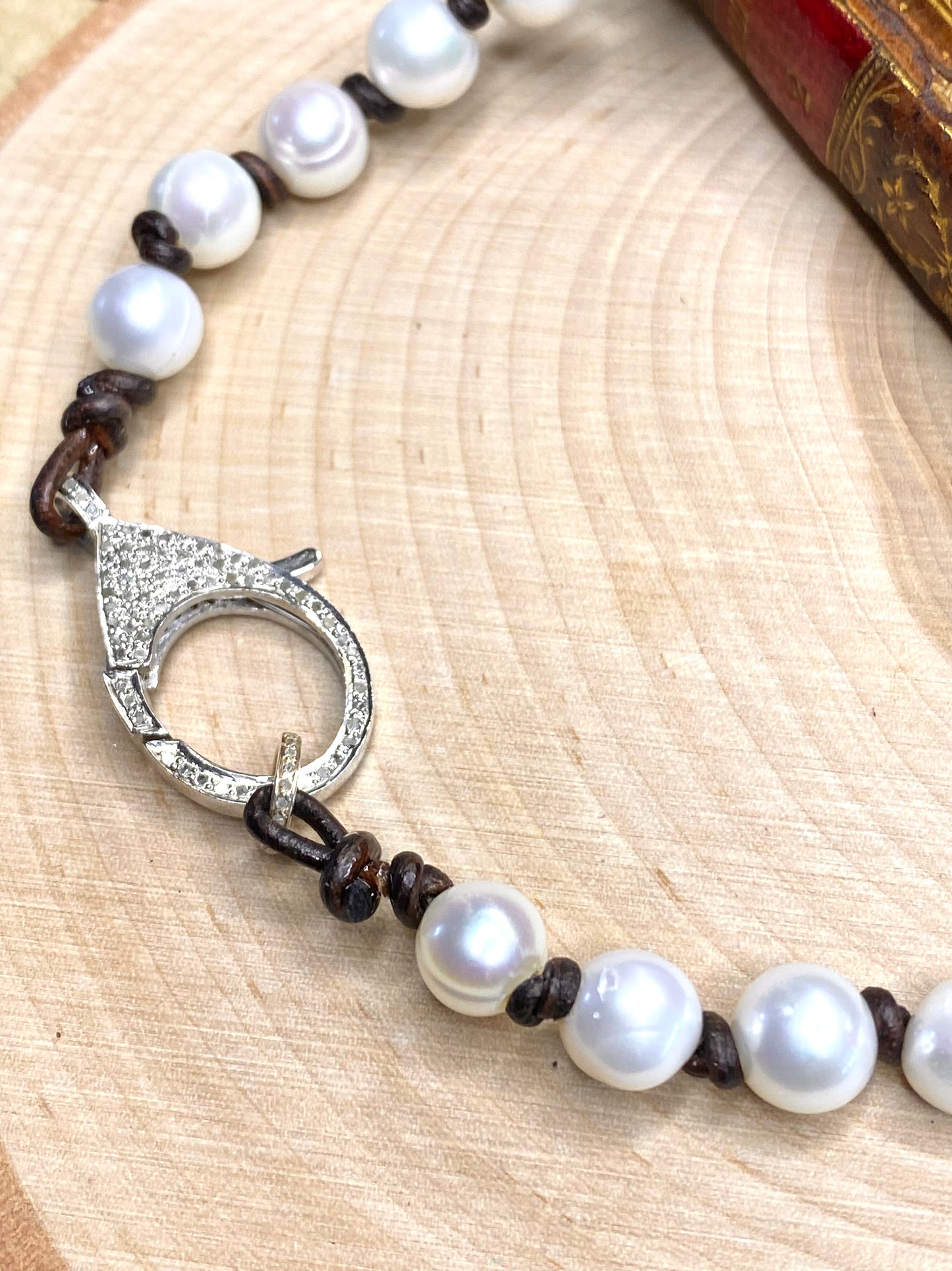 White pearls with Pave diamond clasp necklace on leather