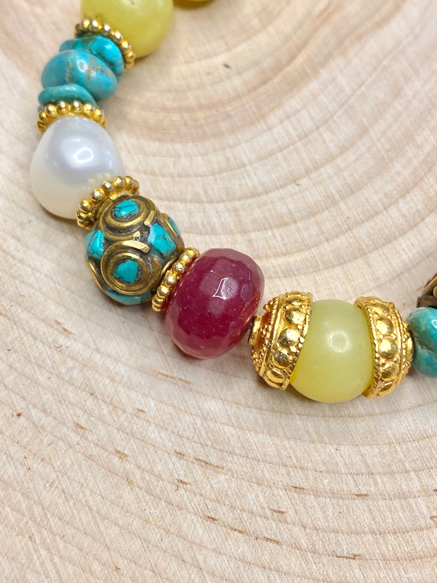 Turquoise, red coral tibet beads and gemstones bracelet stack