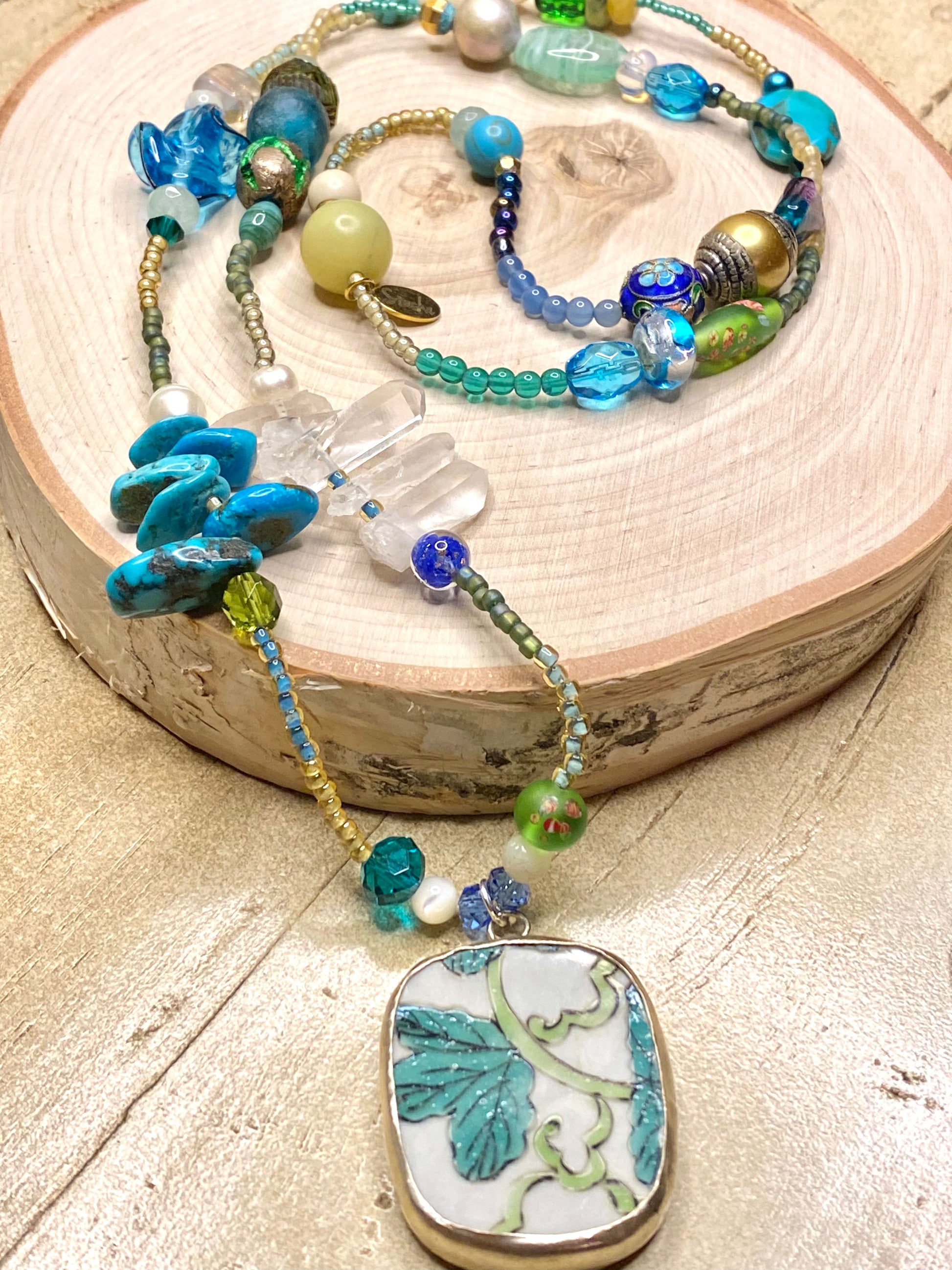 turquoise and crystal long necklace