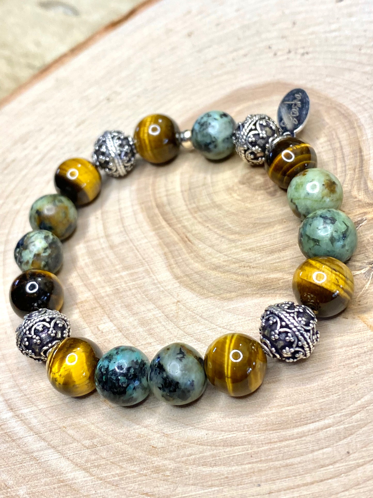 African turquoise, tiger eye and Bali style beads bracelet