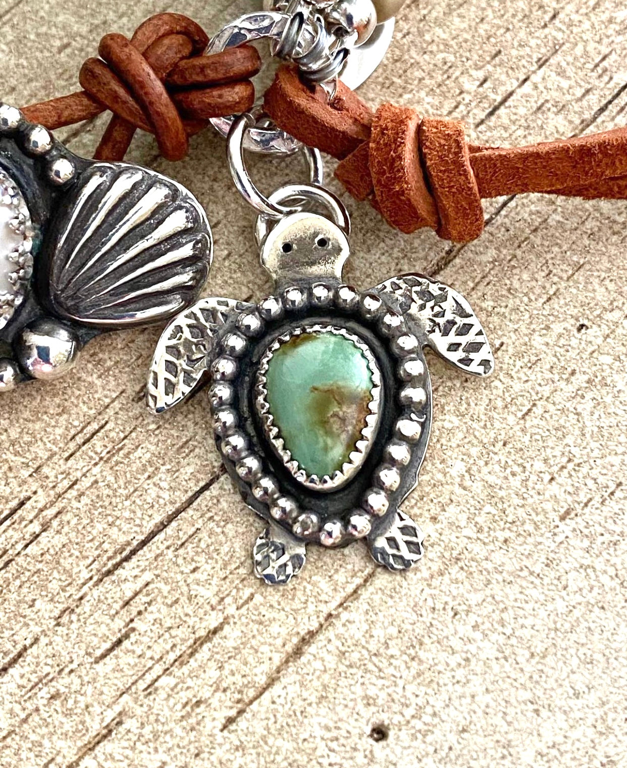 Triple Strand Shell and Turtle charm button bracelet
