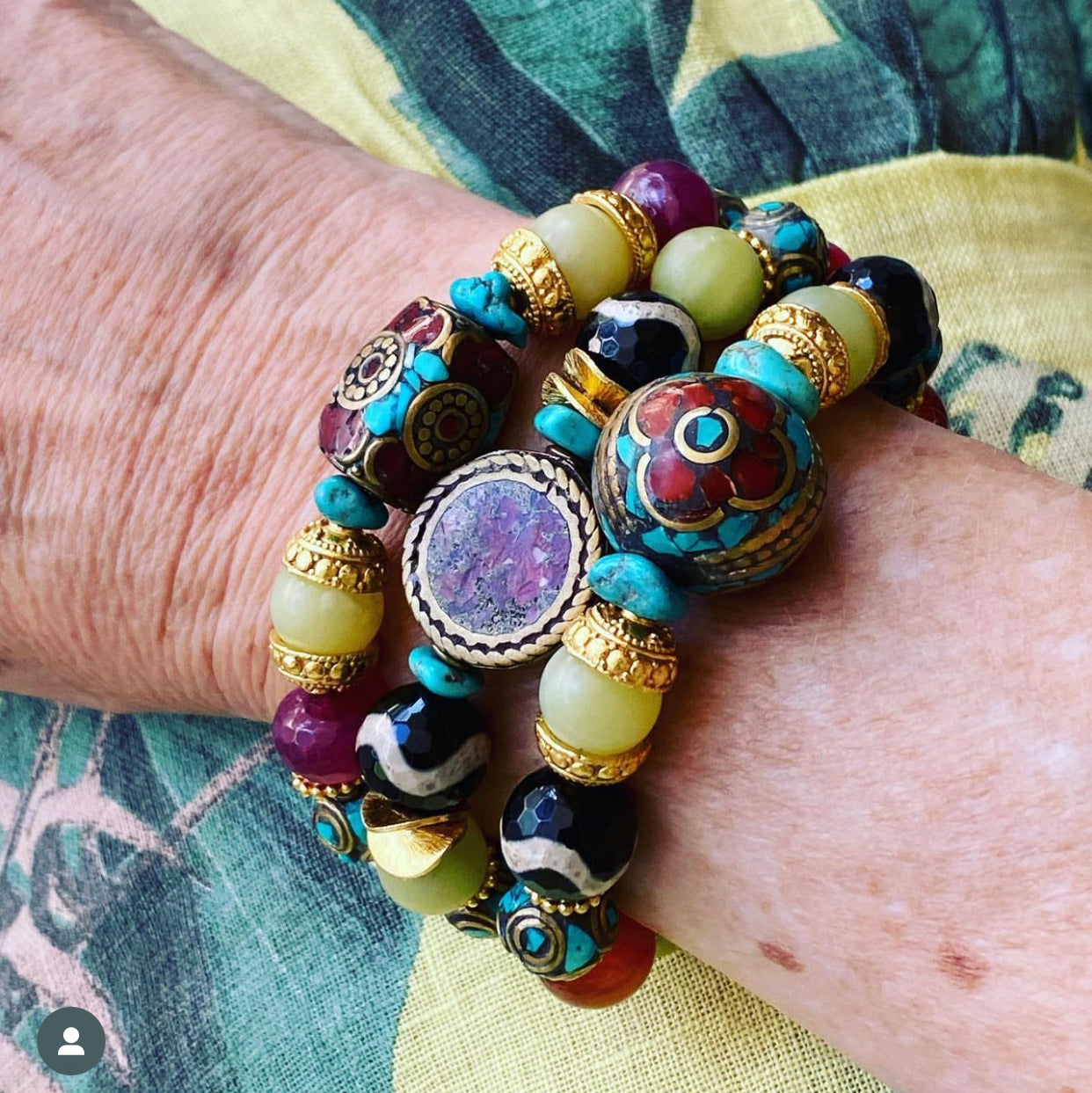 Turquoise, red coral tibet beads and gemstones bracelet stack