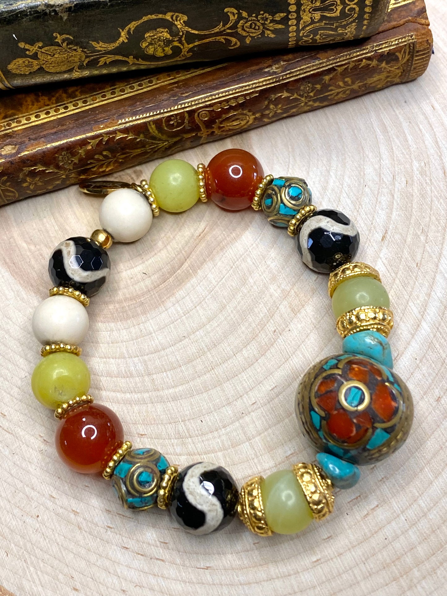 Turquoise, red coral tibet beads and gemstones bracelet stack