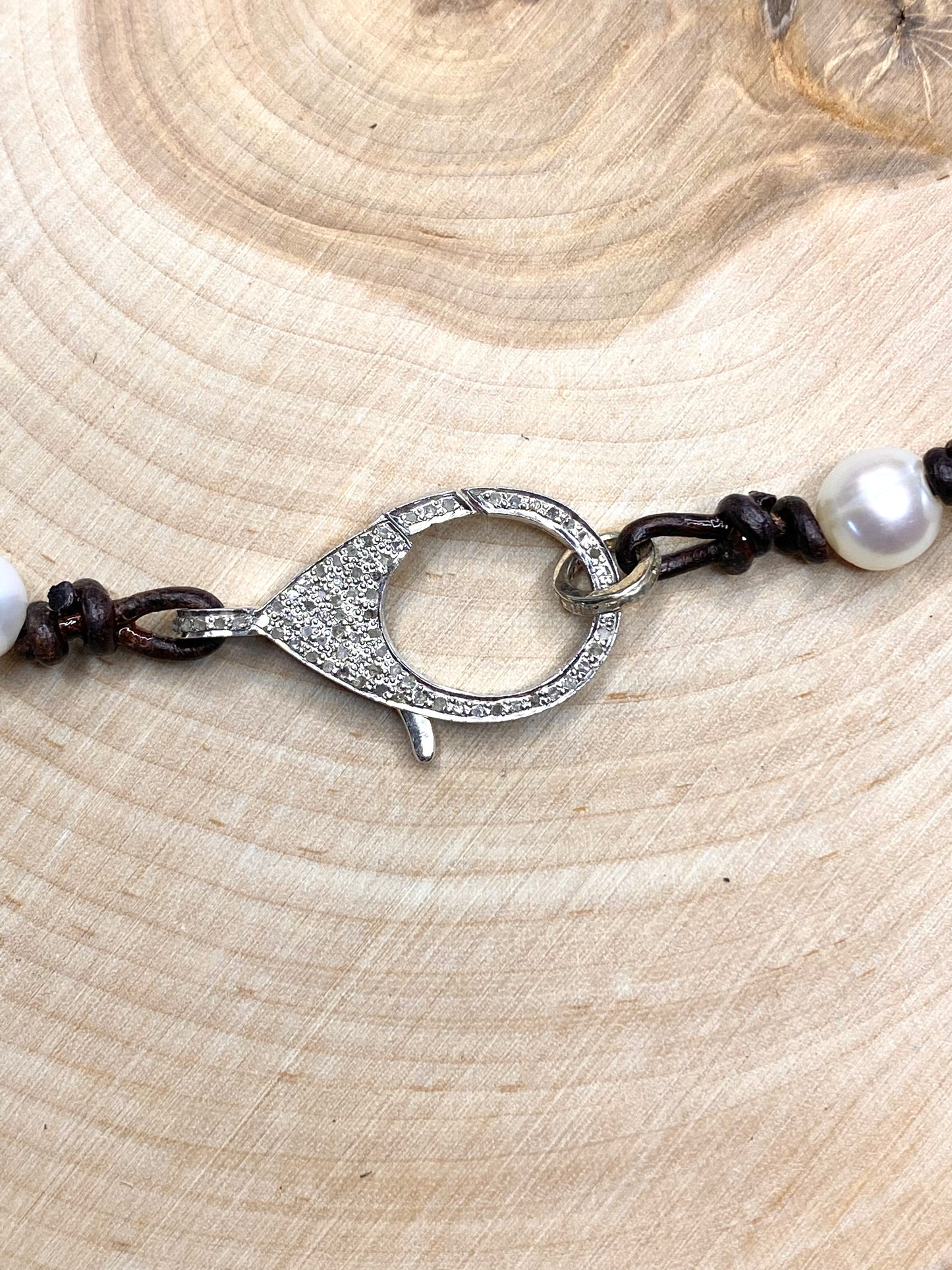 White pearls with Pave diamond clasp necklace on leather