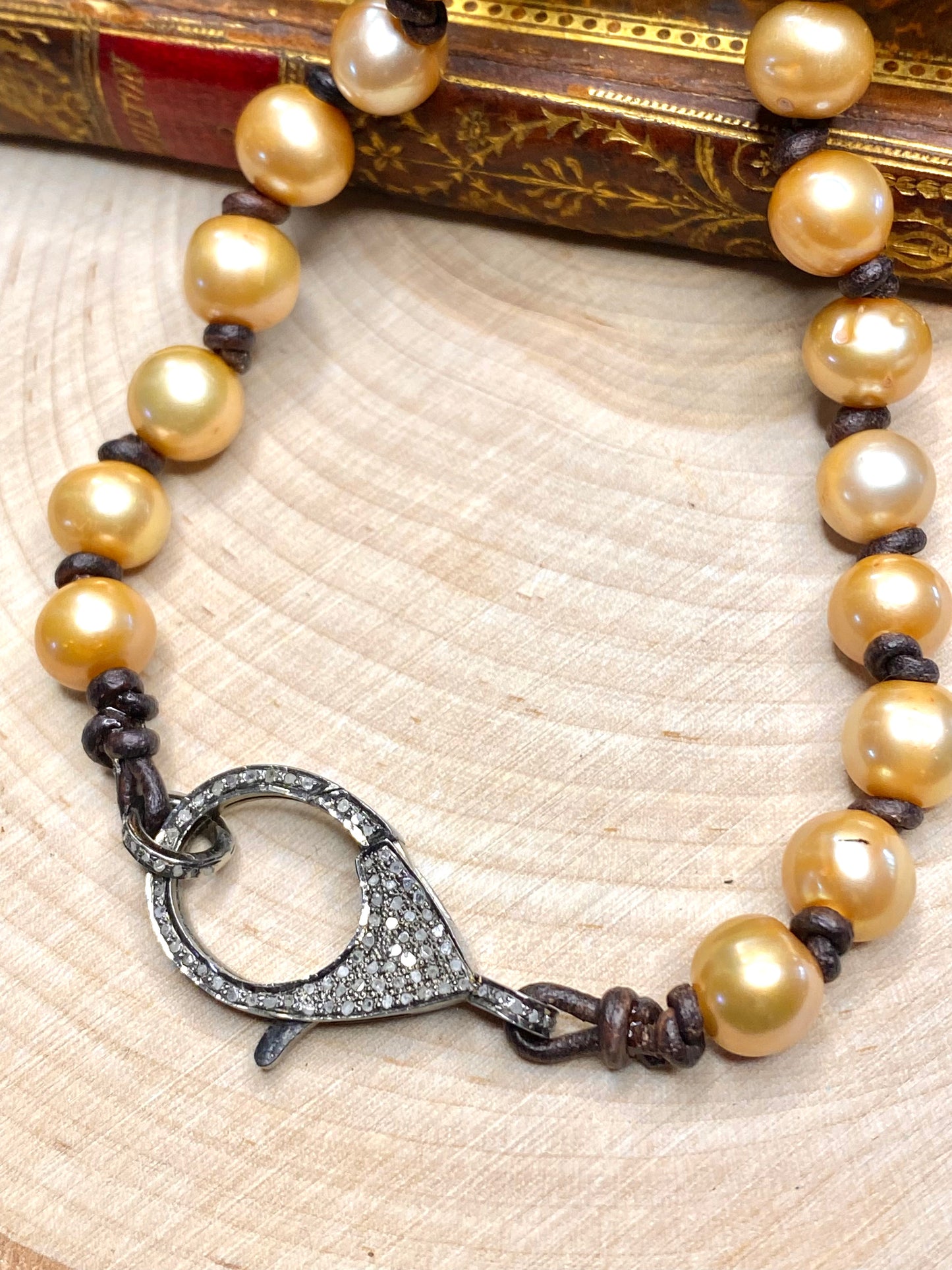 Champagne pearls with Pave diamond clasp necklace on leather