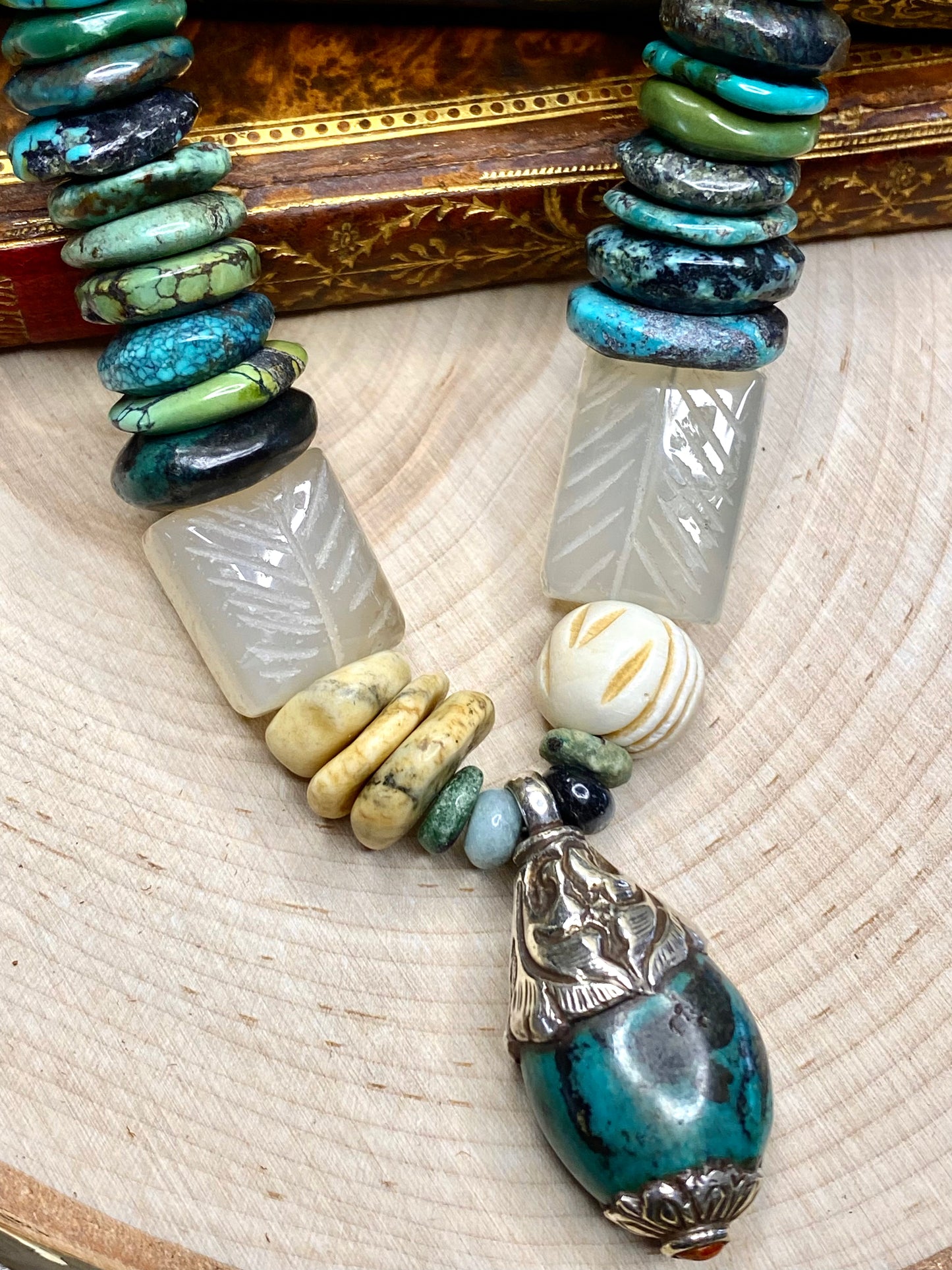 Turquoise and Edison pearl necklace with turquoise Tibet pendant