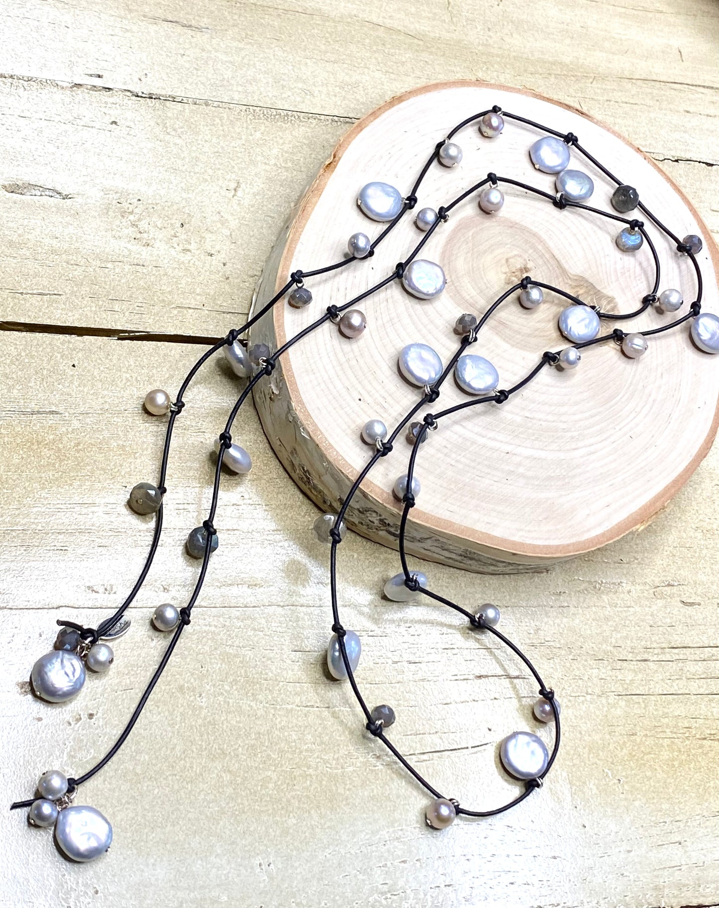 Stasha Soulstring of coin pearls and labradorite lariat necklace