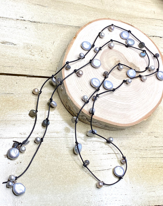 Stasha Soulstring of coin pearls and labradorite lariat necklace
