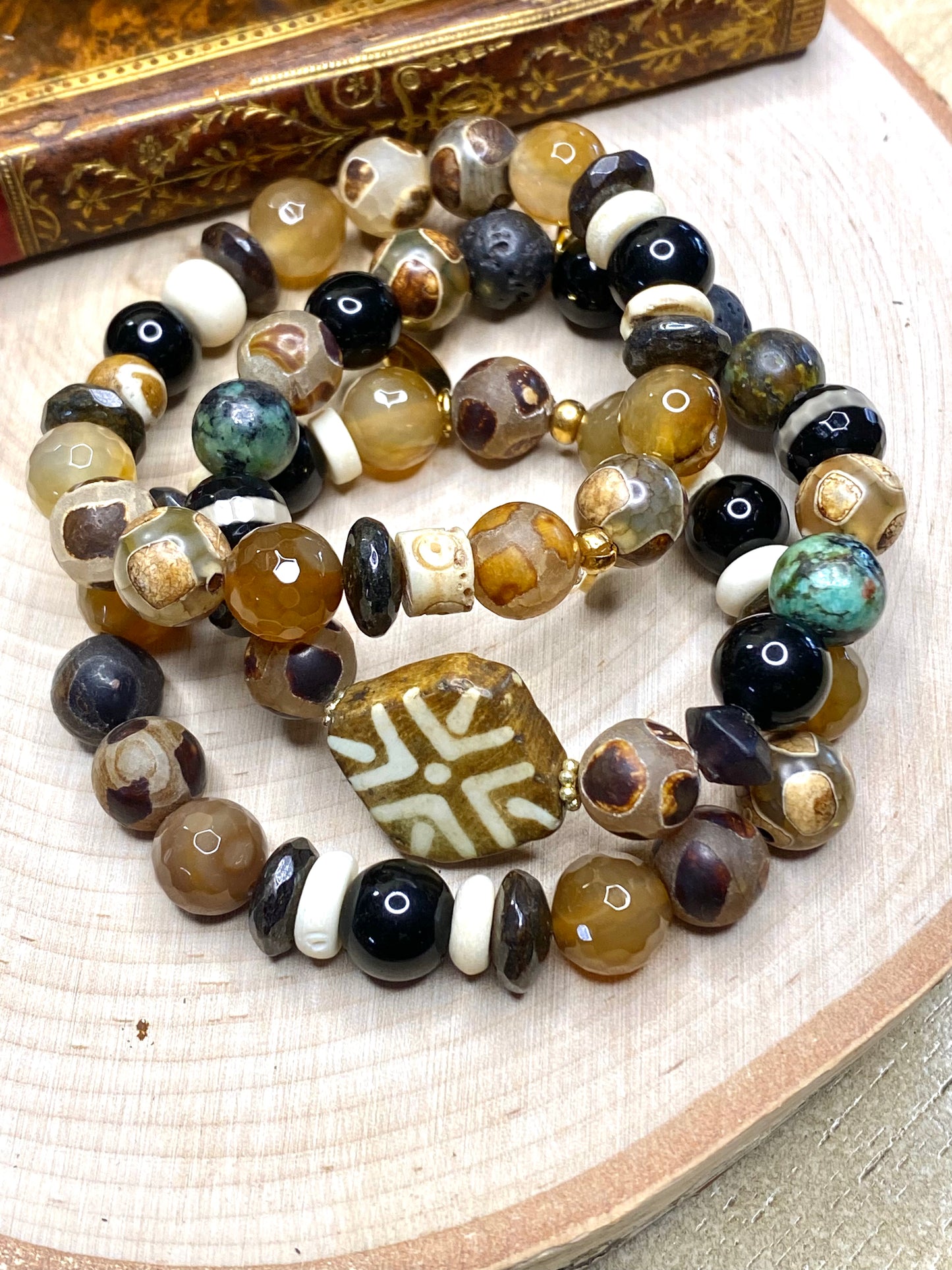 Earthy Tibet, African turquoise, black onyx bead bracelet stack