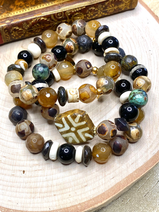Earthy Tibet, African turquoise, black onyx bead bracelet stack