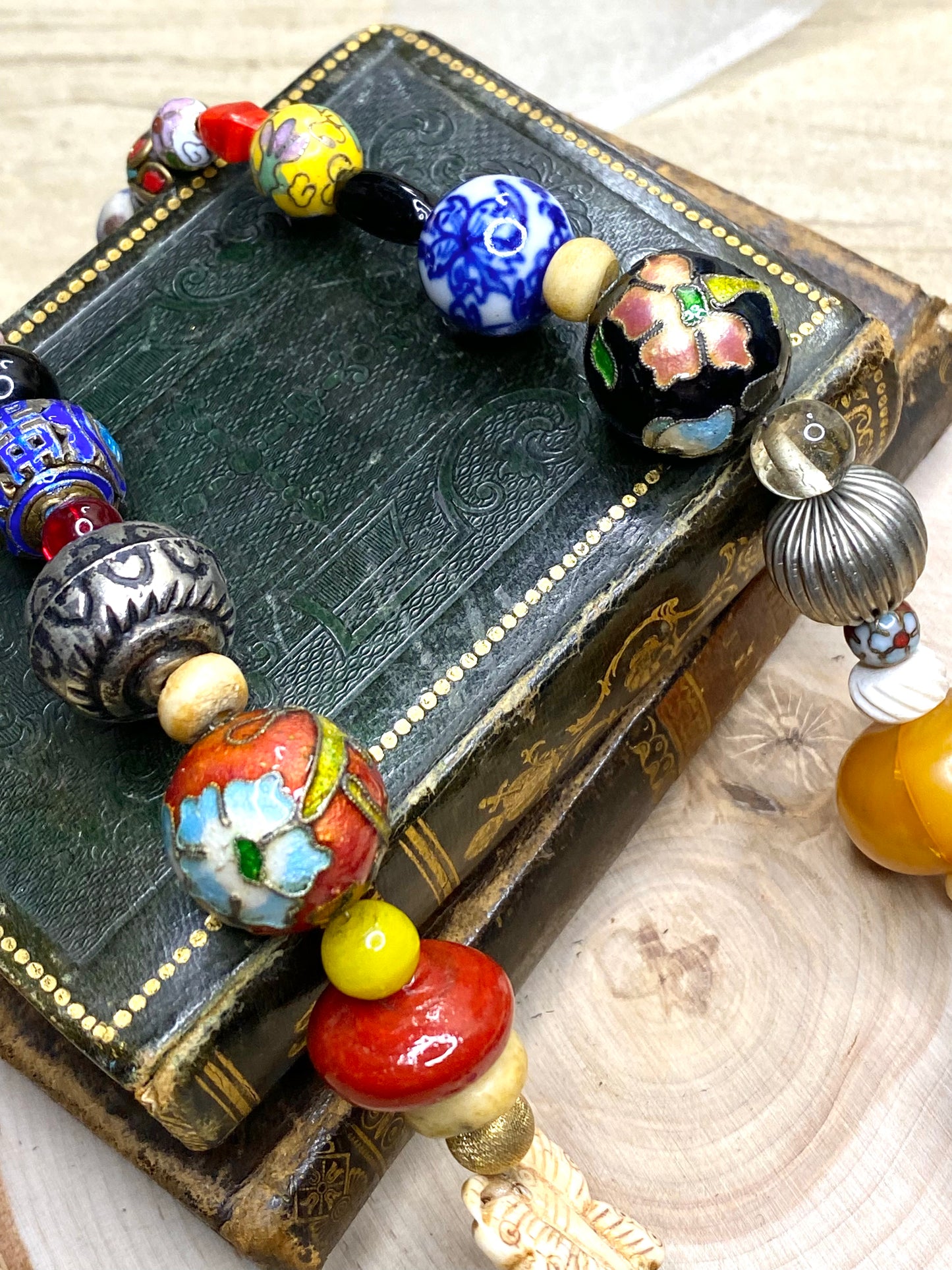 Mosaic bohemian Collage Necklace with Jade Pendant