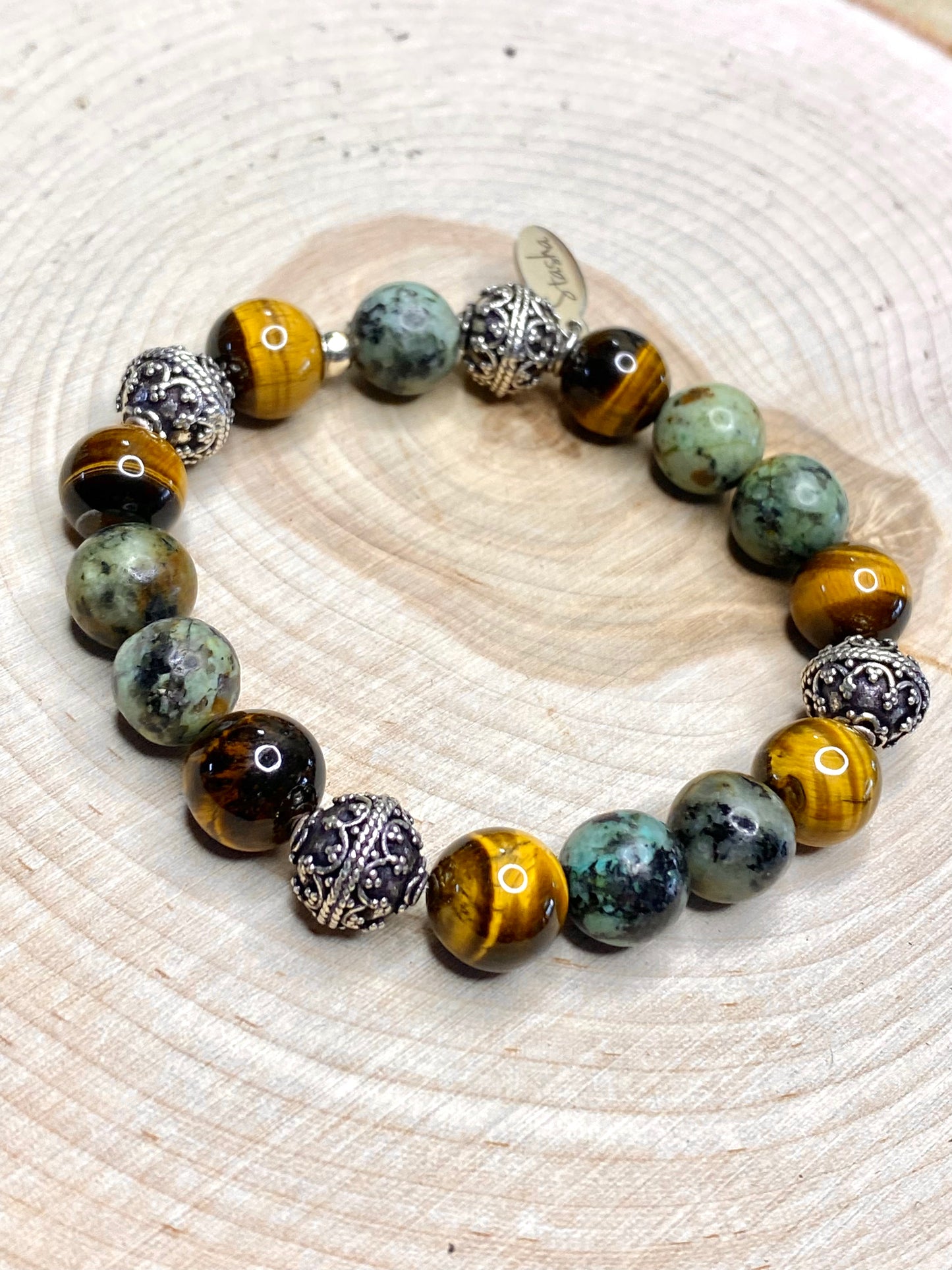 African turquoise, tiger eye and Bali style beads bracelet