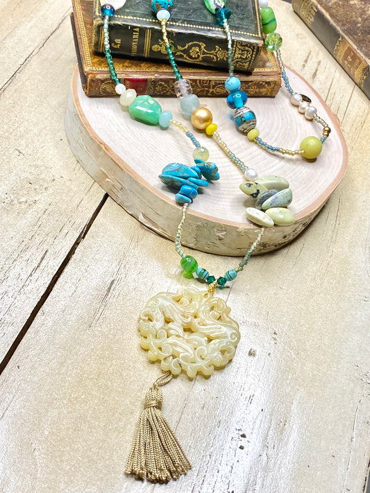 Mosaic “Cara” Necklace with Jade Pendant