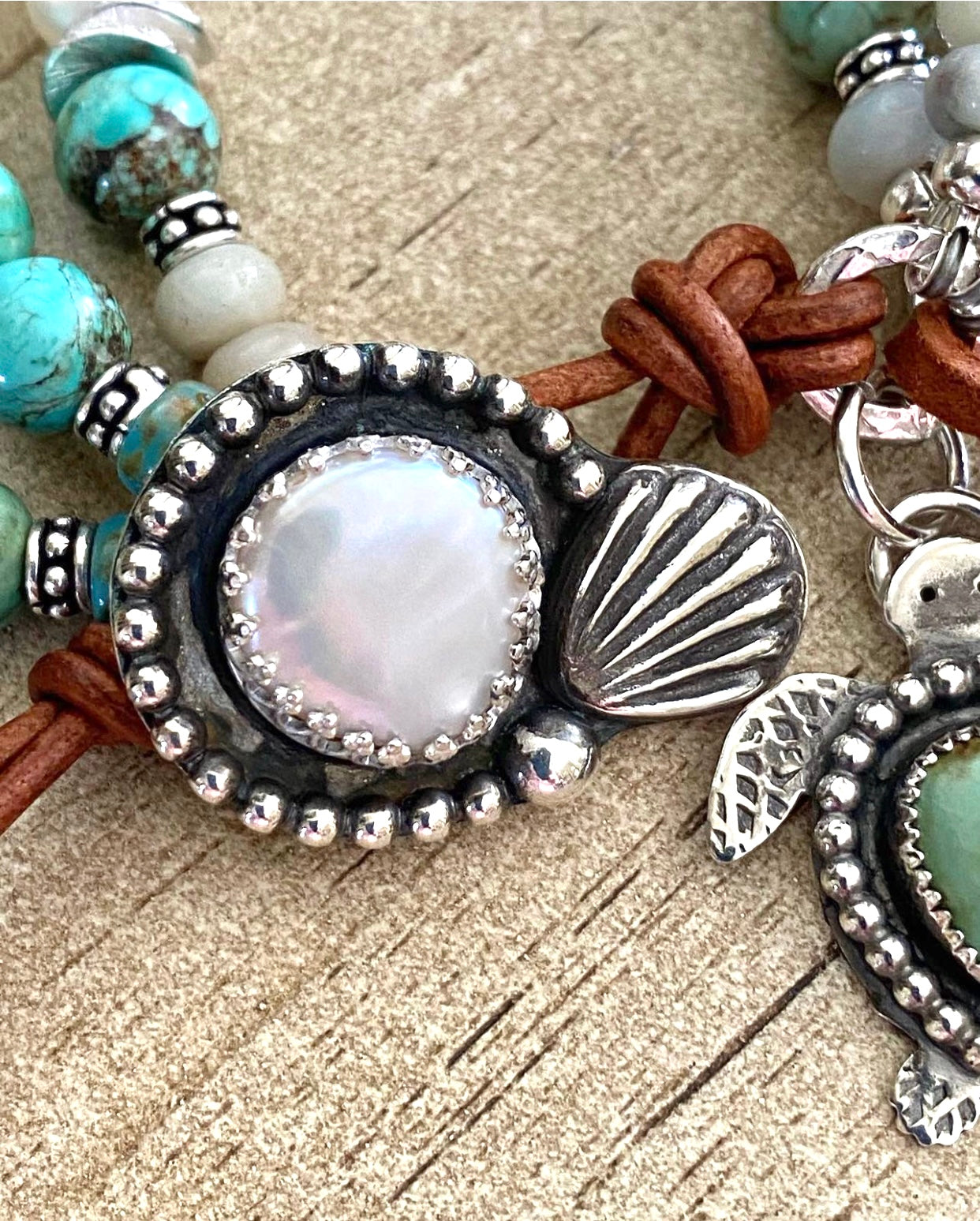 Triple Strand Shell and Turtle charm button bracelet