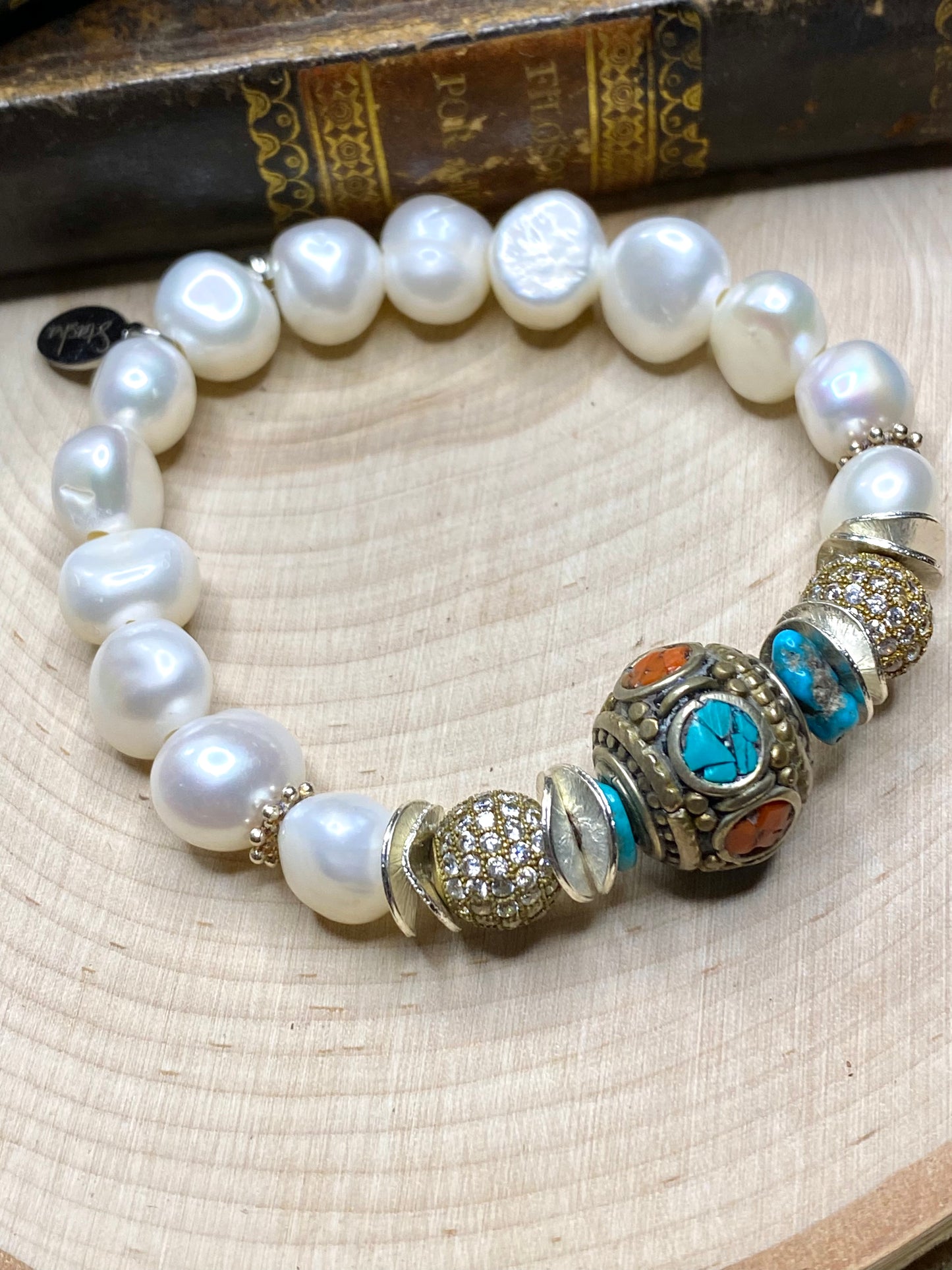 Tibet lapis and coral bead with white pearls bracelet