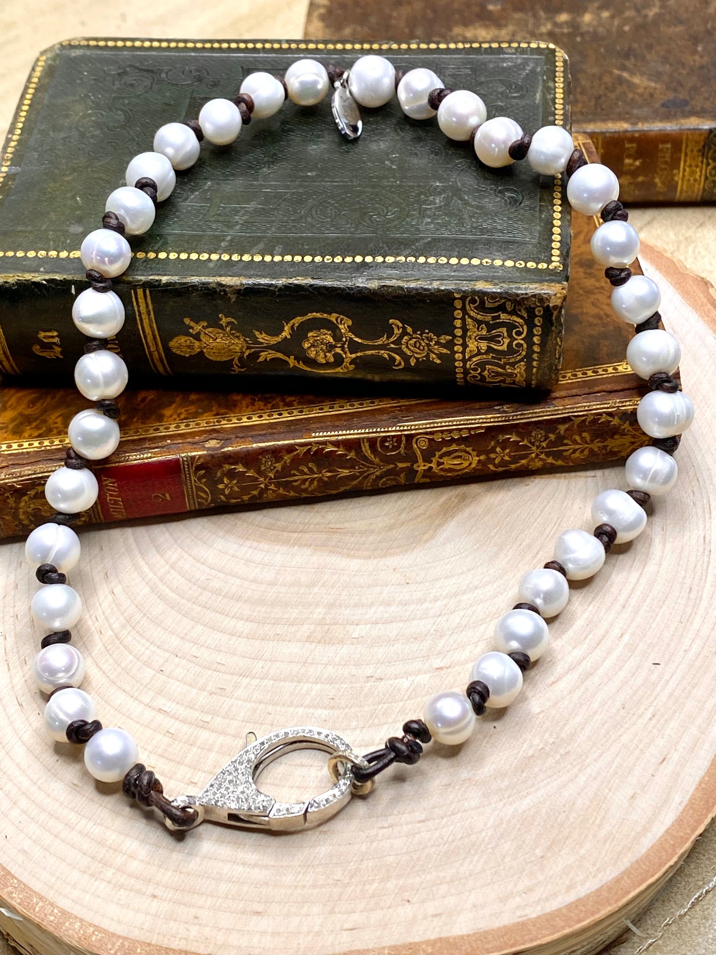 White pearls with Pave diamond clasp necklace on leather